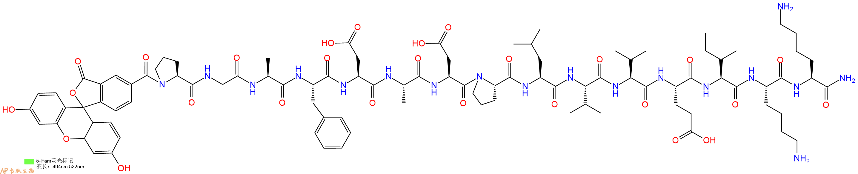 专肽生物产品5FAM-Pro-Gly-Ala-Phe-Asp-Ala-Asp-Pro-Leu-Val-Val-Glu-Ile-Lys-Lys-CONH2