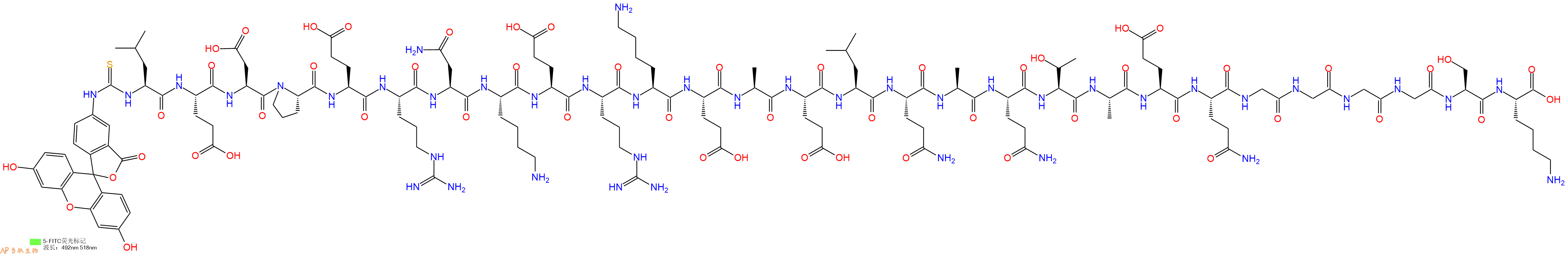 专肽生物产品5FITC-Leu-Glu-Asp-Pro-Glu-Arg-Asn-Lys-Glu-Arg-Lys-Glu-Ala-Glu-Leu-Gln-Ala-Gln-Thr-Ala-Glu-Gln-Gly-Gly-Gly-Gly-Ser-Lys-OH